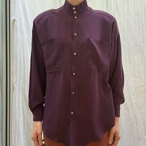 Plum Purple Silk Button Down Blouse with Gold Embroidery and Buttons VTG 90s